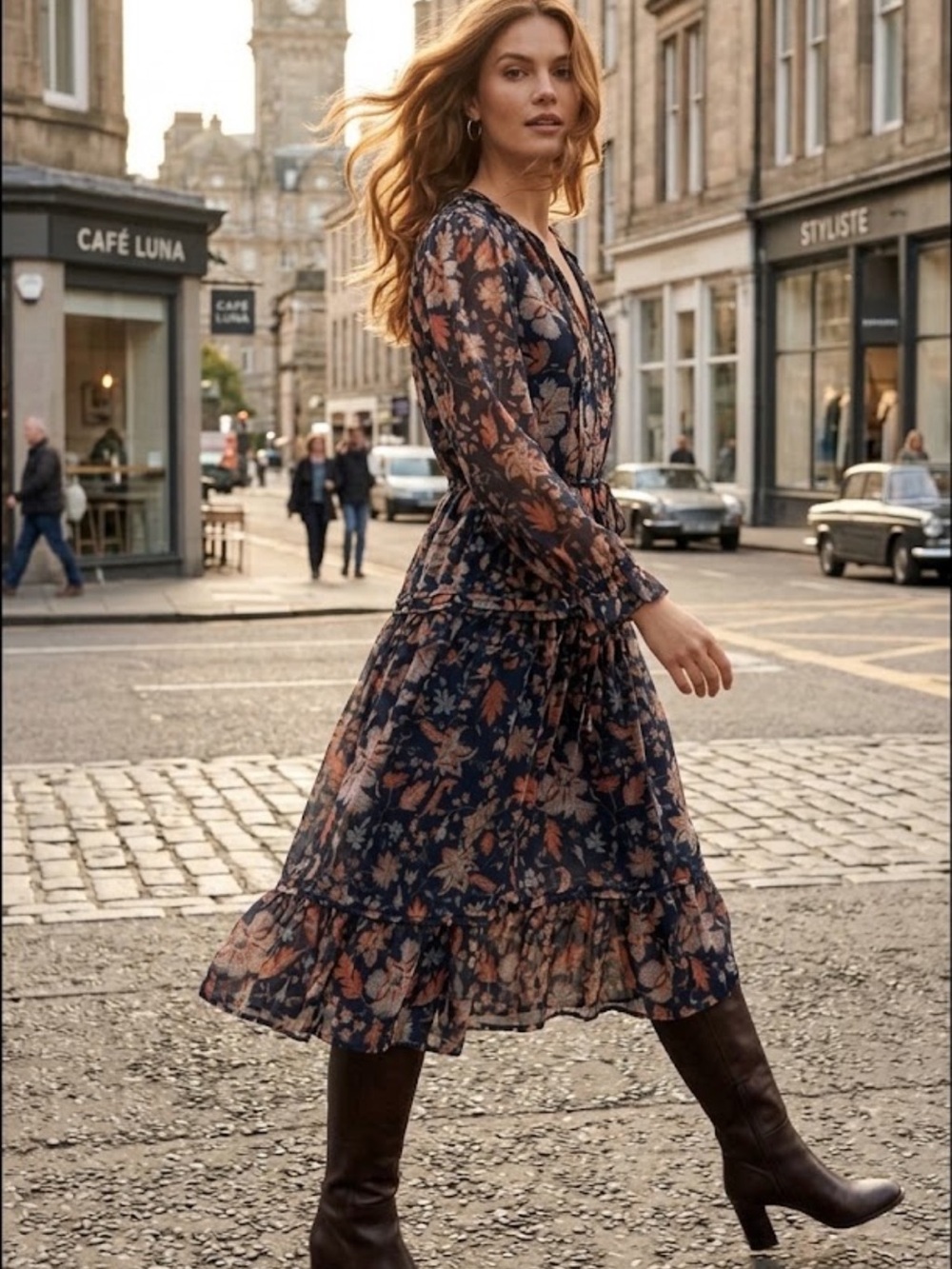 Sam Edelman Clarence Long-Sleeve V-Neck Midi Dress Size S Blue Tie Pullover $159